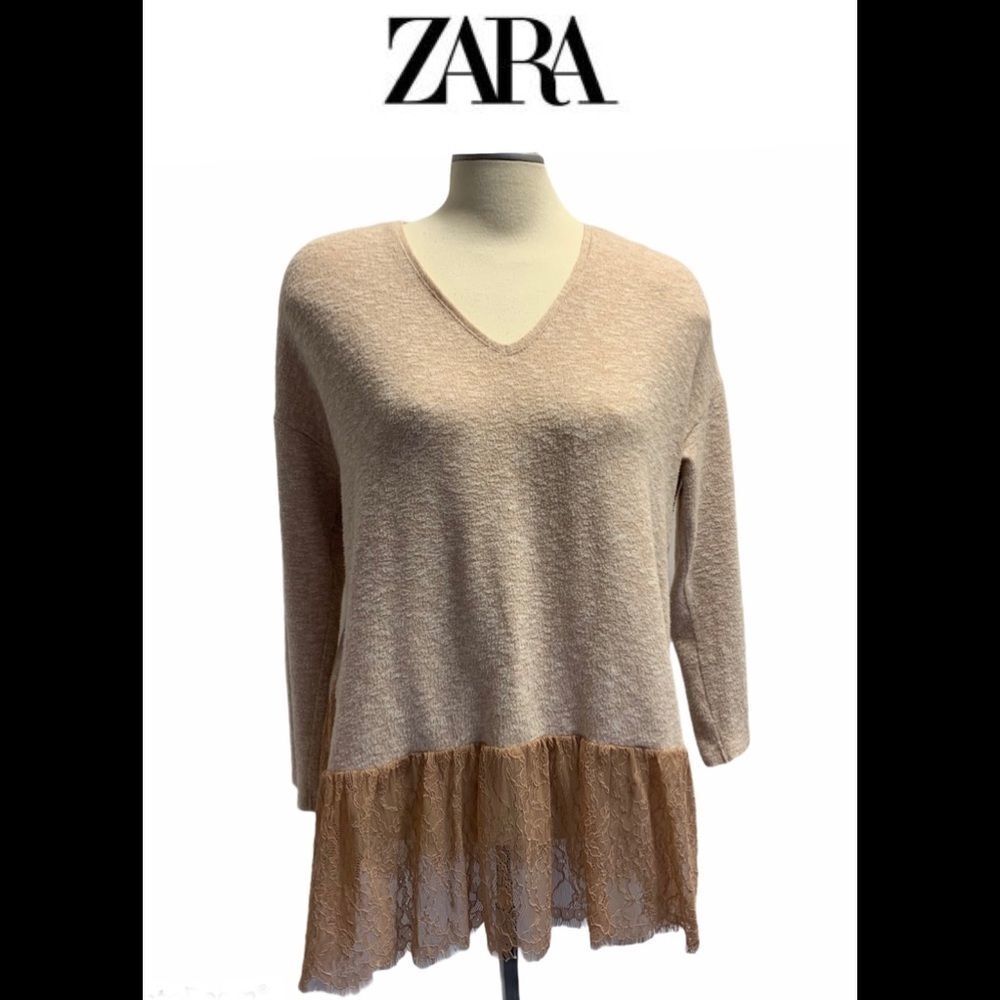 Zara dusty rose peach V-neck long sleeve sweater lace trim Sz M